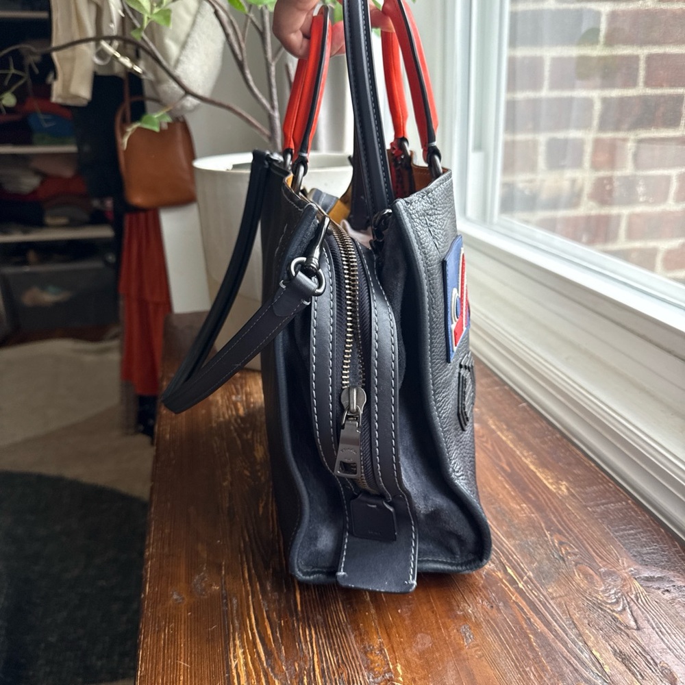 Coach Black Leather Patchwork Tote with Red Handles - Picture 2 of 8